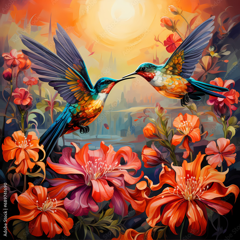 A pair of hummingbirds hovering around vibrant flowers