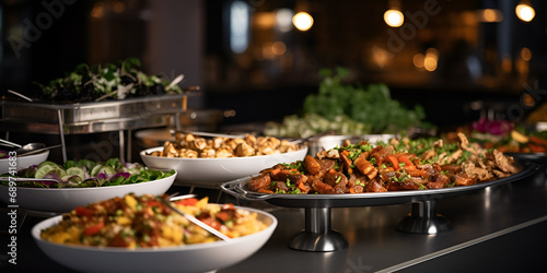 Buffet table with food on it including chicken pork and vegetables, Buffet food in a luxury hotel Catering kitchen concept Design, generative AI 