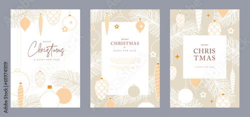Set of Christmas holiday greeting cards or covers with christmas desoration. Vector illustration