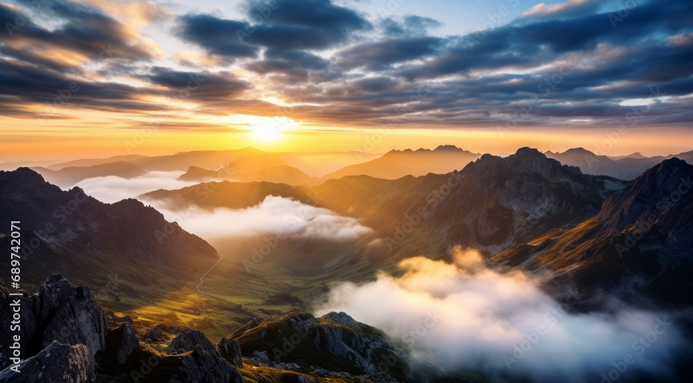 Sunrise over a misty mountain range in Slovakia with valley  and the sun casting a golden glow on the peaks.