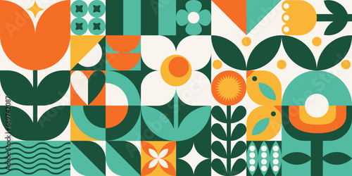 Floral abstract geometric seamless pattern for wrapping, pack paper, greeting cards, posters, banners and social media. Natural eco agriculture background with flowers, plants and simple forms. photo