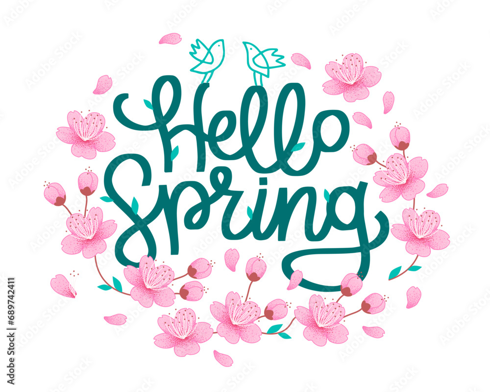 Hello Spring - hand sketched lettering. Text spring season with flowers, birds and leafs for greeting card, invitation template. Vector illustration.