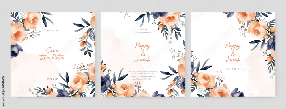 Blue and orange rose wedding invitation card template with flower and floral watercolor texture vector Blue and orange rose wedding invitation card template with flower and floral watercolor texture vector