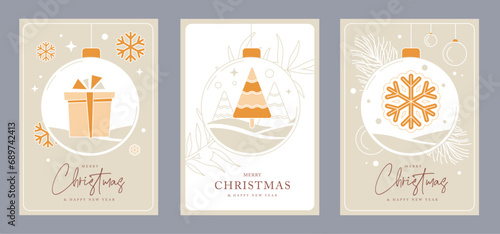 Set of Christmas holiday greeting cards or covers with christmas desoration. Vector illustration