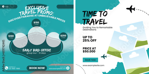 Travel promo vector design. Travel tour text with special offer discount with airplane and location pin elements for flight travelling price sale promotion. Vector illustration.