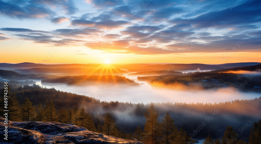 Sunrise over a misty mountain range in Finland, with the sun casting a golden glow on the peaks and mist in the valley.