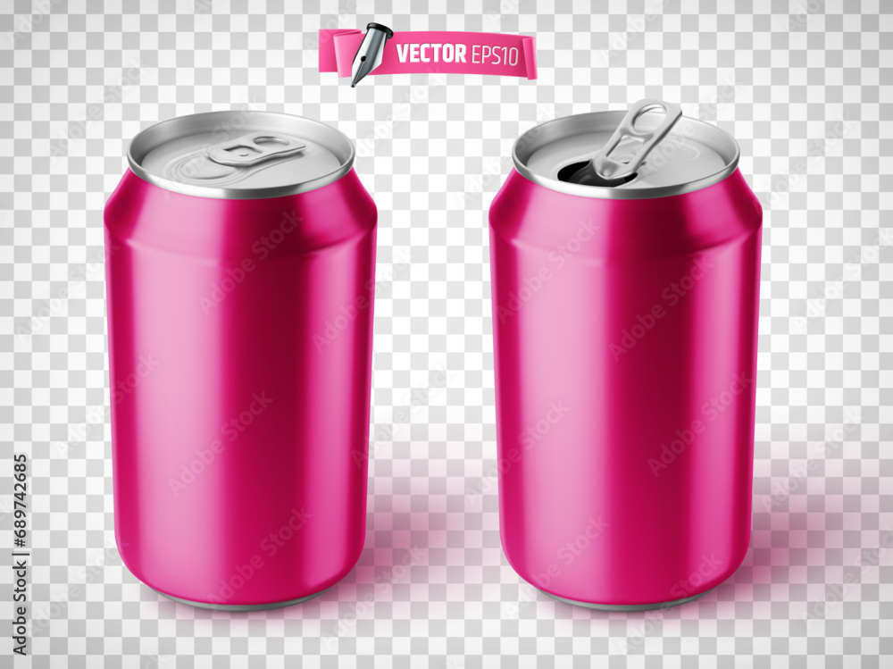Vector realistic illustration of pink soda cans on a transparent background.
Vector realistic illustration of pink soda cans on a transparent background.