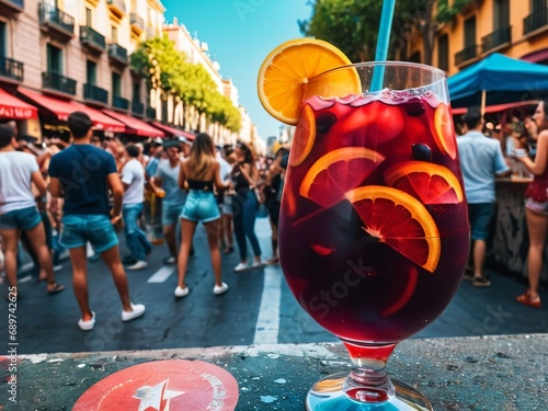 Festive Red Sangria at the Barcelona Street Party. AI Generated.