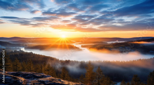 Sunrise over a misty mountain range in Finland, with the sun casting a golden glow on the peaks and mist in the valley. © Jan