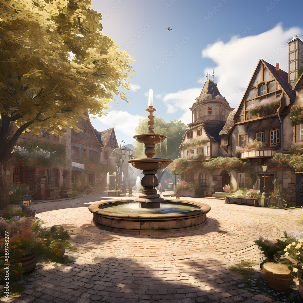 A peaceful village square with a historic fountain.