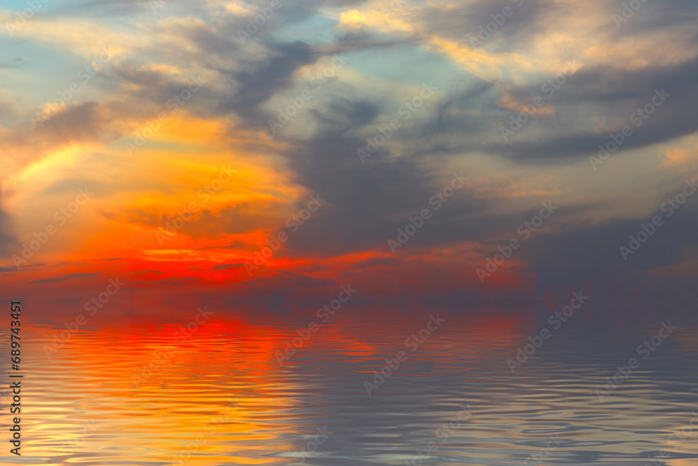 A horizontal image of a sunset over the ocean, where the iridescent rays of the sun penetrate the clouds and reflect on the calm surface of the water, creating a peaceful atmosphere. This image can be