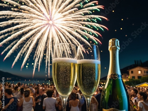 A Toast to the Night Prosecco Sparkles at an Italian Fireworks Display. AI Generated.