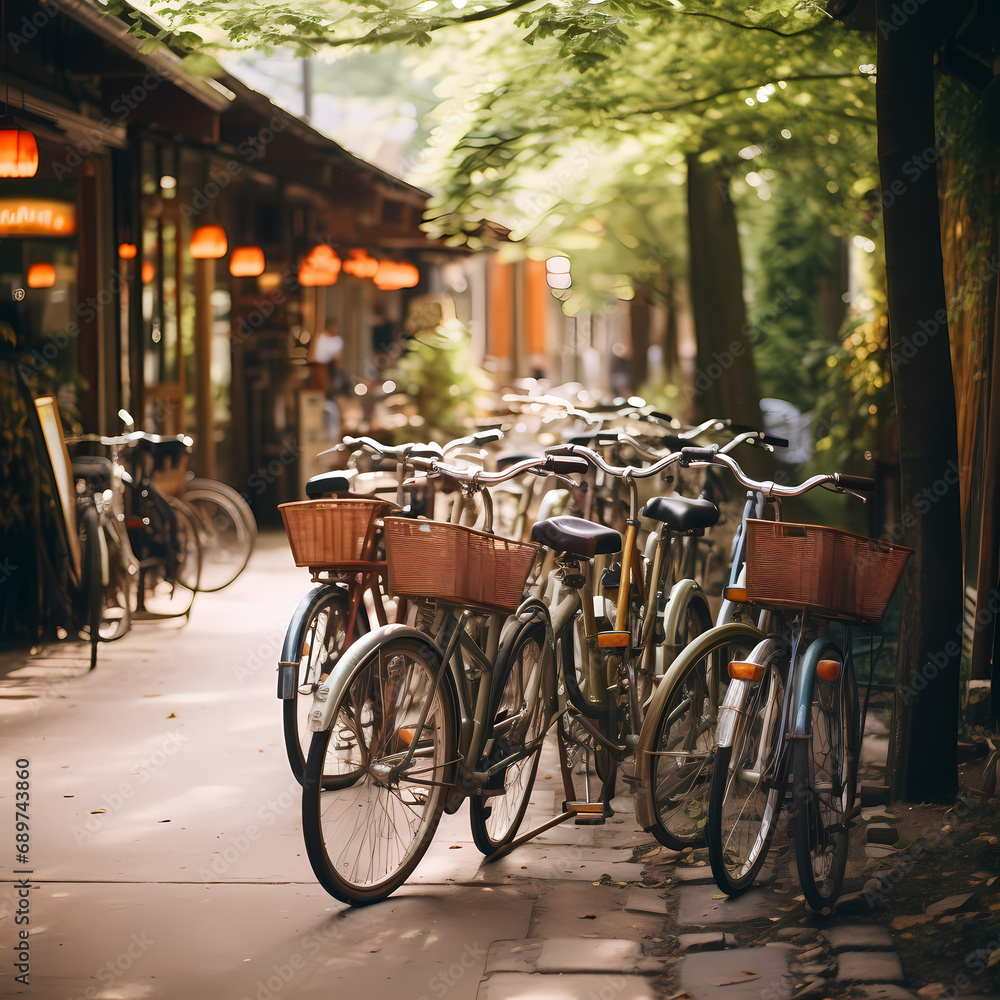A row of vintage bicycles parked by a cafe