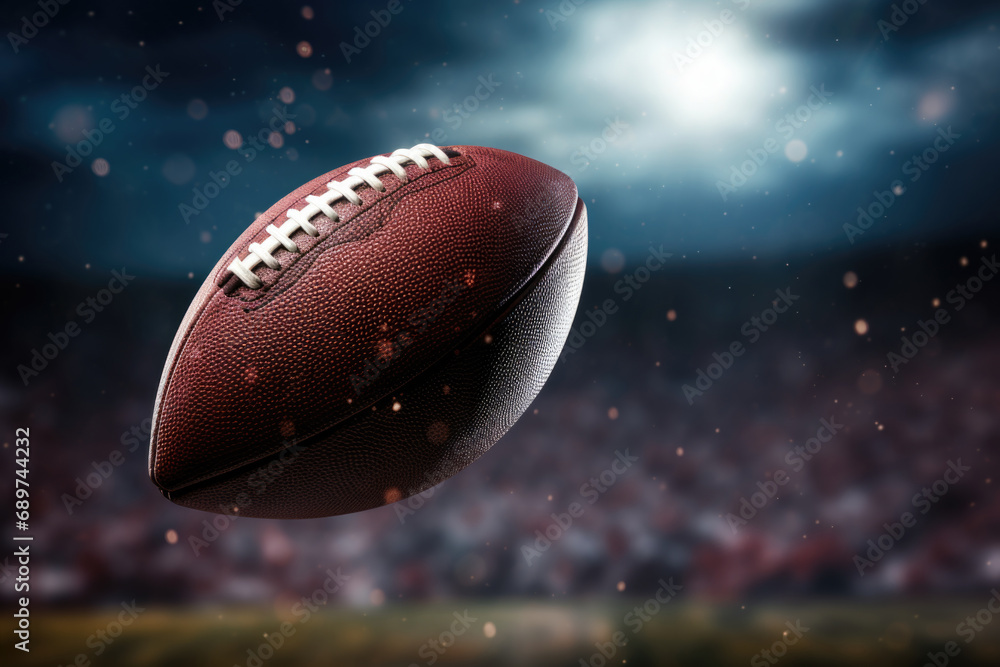 Dynamic Football Action Shot: Close-up of an American football soaring across the field in an intense sports moment Dynamic Football Action Shot: Close-up of an American football soaring across the field in an intense sports moment