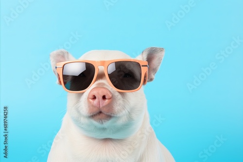 Styled happy pig on pastel background in fashion studio shot with copy space for text placement © Ilja