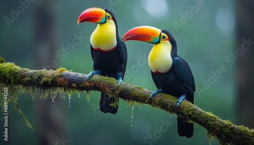 Toucan birds perched on forest branch with green vegetation, blurred defocused background