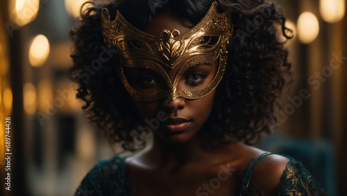 dark-skinned girl in a golden Venetian mask © Анастасия Макевич