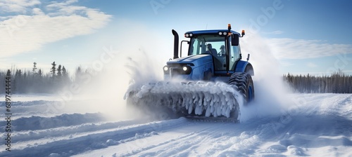Highly efficient snow blower car effectively clears snow covered road during winter season