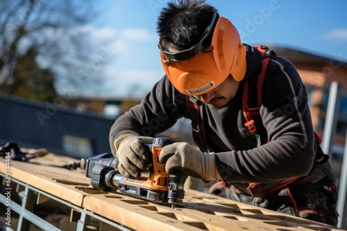 Construction worker install new roof. Roofing tools. Electric drill used