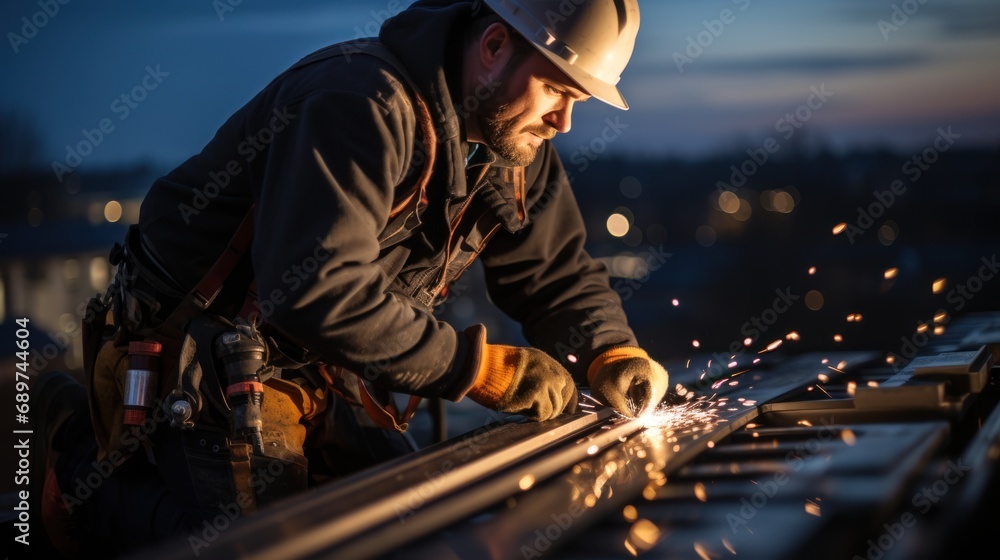 Construction worker install new roof. Roofing tools. Electric drill used on new roofs with metal sheet Construction worker install new roof. Roofing tools. Electric drill used on new roofs with metal sheet