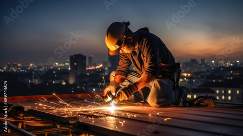 Construction worker install new roof. Roofing tools. Electric drill used on new roofs with metal sheet photo