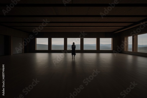 Empty Echoes: In an unadorned room, a woman stands alone, surrounded by emptiness that reverberates with silence, amplifying the solitude within
