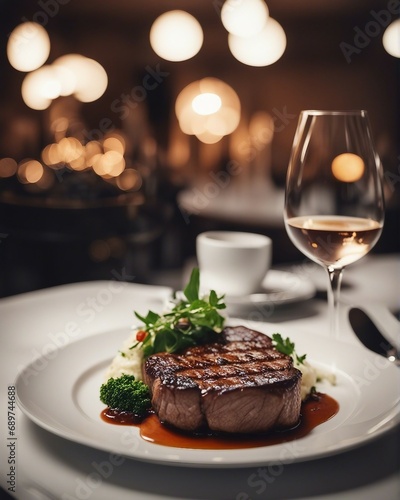 perfectly grilled steak on white plate at luxury restaurant, bright background
