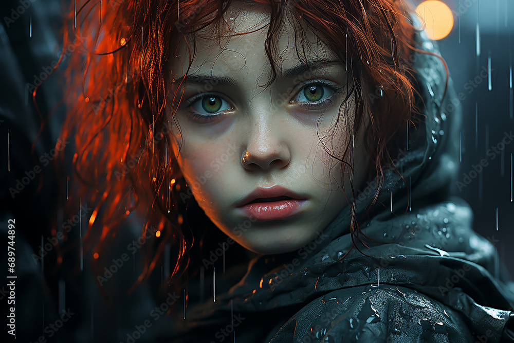 A red-haired girl wet in the rain.