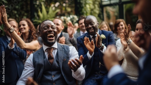 The group of guests clapped and cheered as the newlyweds left the venue.