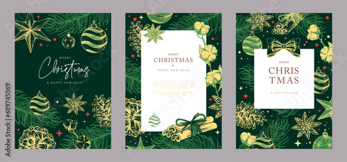 Set of Christmas holiday greeting cards or covers with christmas desoration. Vector illustration