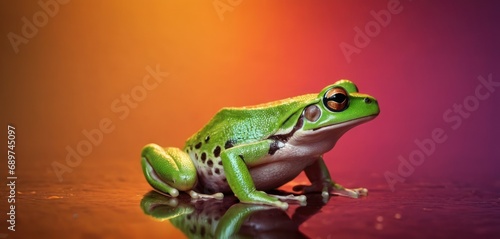  a green frog sitting on top of a table next to a red and yellow background with a reflection of it's face in the water.