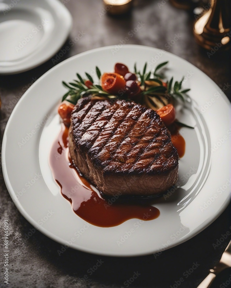 perfectly grilled steak on white plate at luxury restaurant, bright background
perfectly grilled steak on white plate at luxury restaurant, bright background
