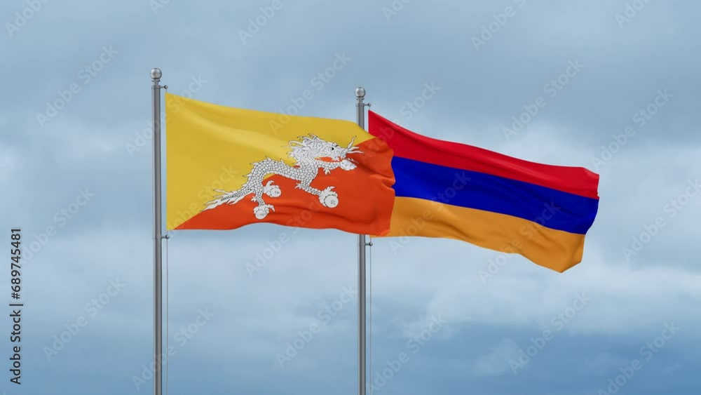 Armenia and Bhutan flag waving together on cloudy sky, endless seamless loop, two country cooperation concept Armenia and Bhutan flag waving together on cloudy sky, endless seamless loop, two country cooperation concept