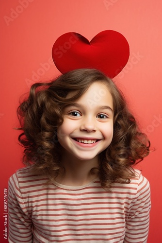 Portrait of a cute little girl with red heart on Valentines day concept.