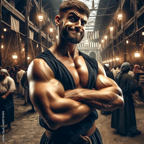 a muscular man in a warehouse with his arms crossed