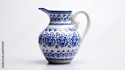 A brilliant blue ceramic pitcher, with intricate patterns, standing tall against a flawless white background.