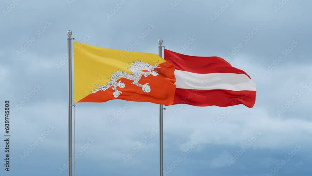 Austria flag and Bhutan flag waving together on cloudy sky, endless seamless loop, two country relations concept Austria flag and Bhutan flag waving together on cloudy sky, endless seamless loop, two country relations concept