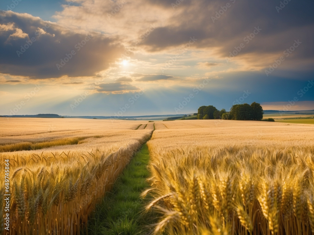 Golden wheat field under the sky, expansive wheat field and open sky, vast expanse of wheat against the sky