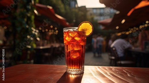 Generative AI, glass of Aperol Spritz on wooden table with blur background with lights of street bar, cafe or restaurant 