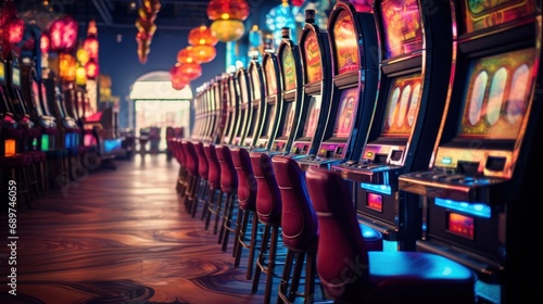 Rows of Colorful Slot Machines in a Casino Hall