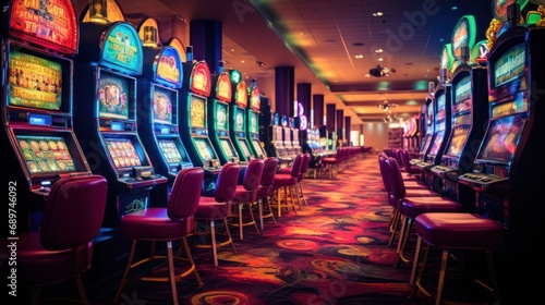 Rows of Colorful Slot Machines in a Casino Hall © sirisakboakaew
