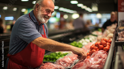 
Older man working in a greengrocer and butcher shop. Elderly employee working happy in a supermarket. Job. Grocery store worker dressed in apron. Background with copy space. photo