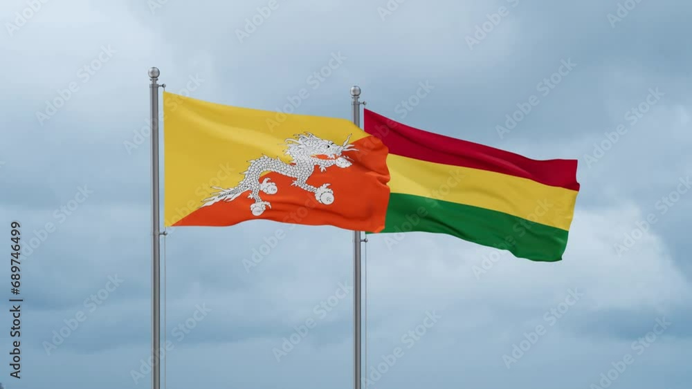 Bolivia flag and Bhutan flag waving together on cloudy sky, endless seamless loop, two country relations concept Bolivia flag and Bhutan flag waving together on cloudy sky, endless seamless loop, two country relations concept