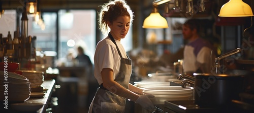 Close up of white tableware and woman washing dishes in bright industrial kitchen with copy space photo