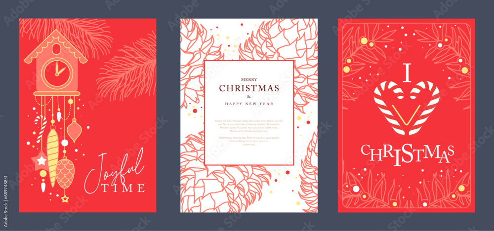 Naklejka premium Set of Christmas holiday greeting cards or covers with christmas desoration. Vector illustration