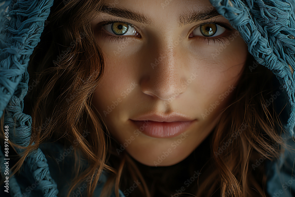 Close up portrait of a beautiful young girl with light brown eyes, curly brown hair and blue hood. Close up portrait of a beautiful young girl with light brown eyes, curly brown hair and blue hood.