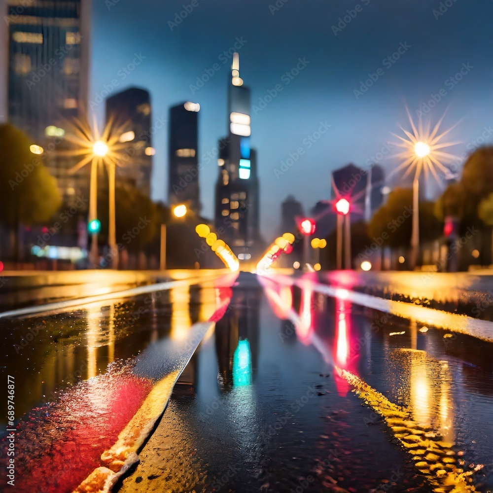 lights on the road at night with city skyline as backdrop