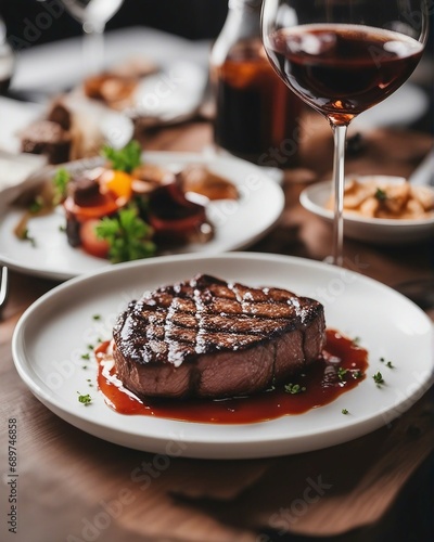 perfectly grilled steak on white plate  at luxury restaurant, bright background

 photo