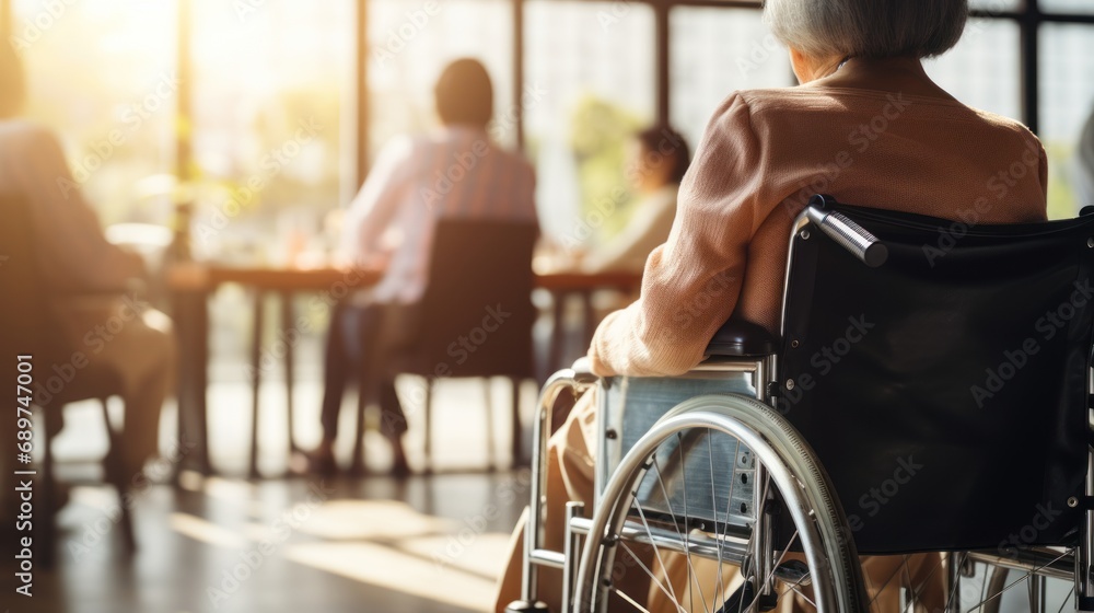 Woman and nurse with patient on wheelchair for elderly care, support or trust at elderly home Woman and nurse with patient on wheelchair for elderly care, support or trust at elderly home