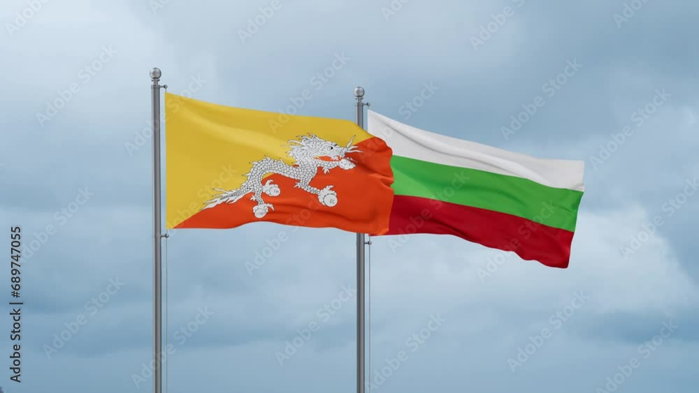 Bulgaria flag and Bhutan flag waving together on cloudy sky, endless seamless loop, two country relations concept Bulgaria flag and Bhutan flag waving together on cloudy sky, endless seamless loop, two country relations concept
